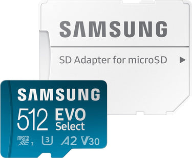 Samsung EVO Select Micro SD + Adapter SDXC 512GB 130MB/s for 4K UHD UHS-I, U3, A2, V30